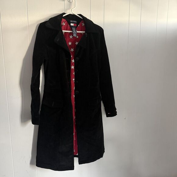 Tommy Jeans Coat Womens Medium Black Corduroy Long Jacket Red Star Lining - Picture 1 of 13